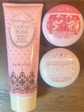 3 AMBER GLOW HAND /BODY CREAMS: Sugar Hibiscus & Strawberry Bliss, Coco Rose